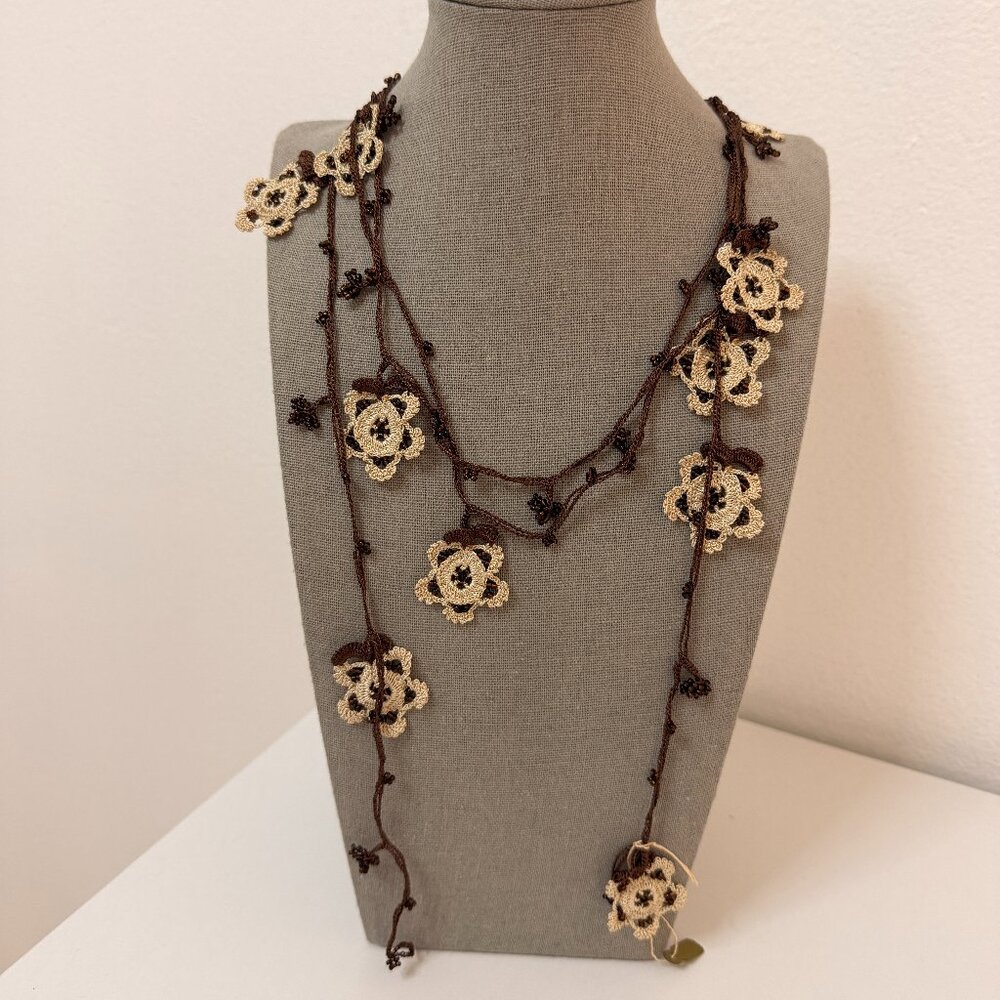 Collectable Traditional Turkish Oya Necklace with Brown & Beige Motifs & Beading